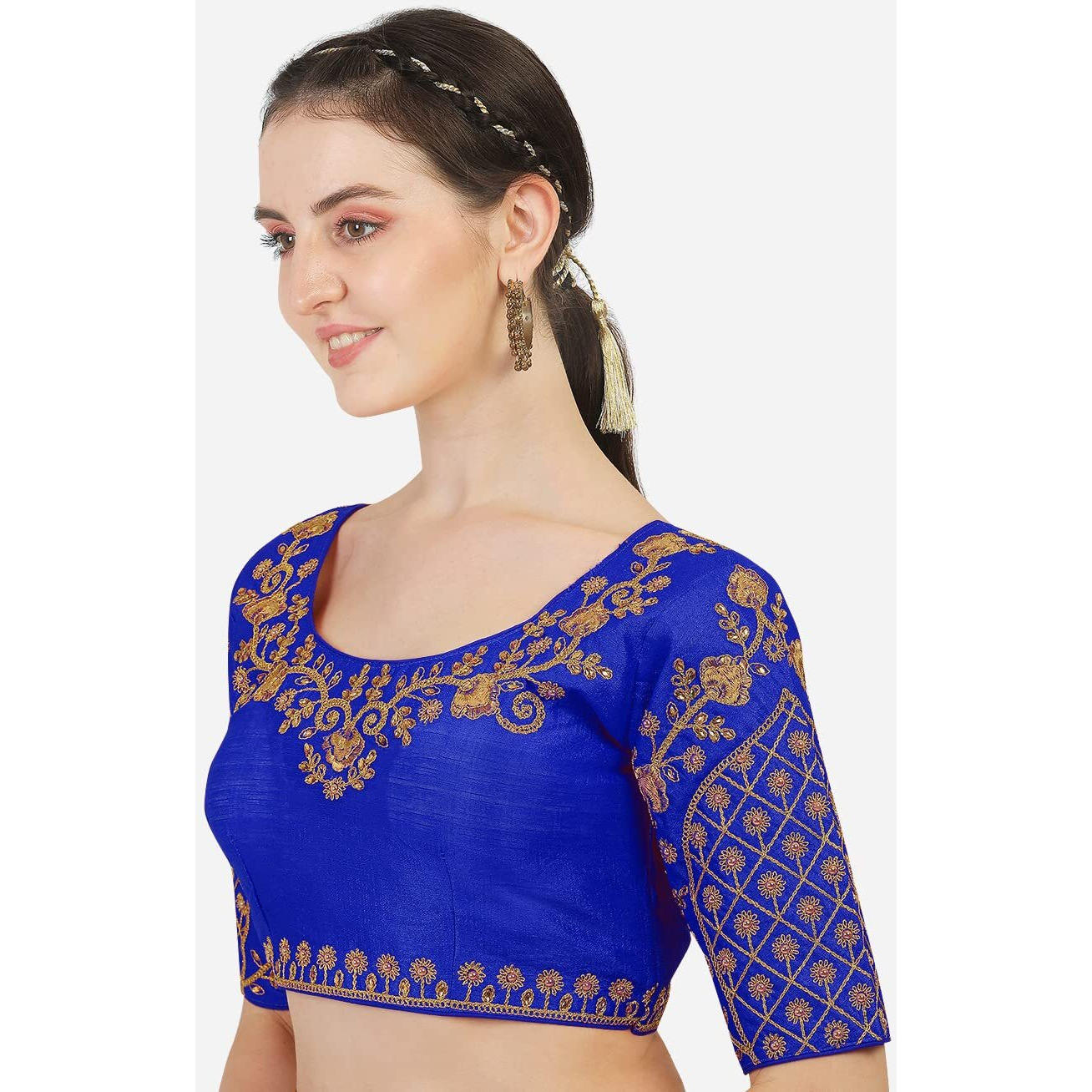 Vihu Fashion Women's Silk Floral Half Sleeve Blouse (Florall Royal Blue 38_Royal Blue_38)