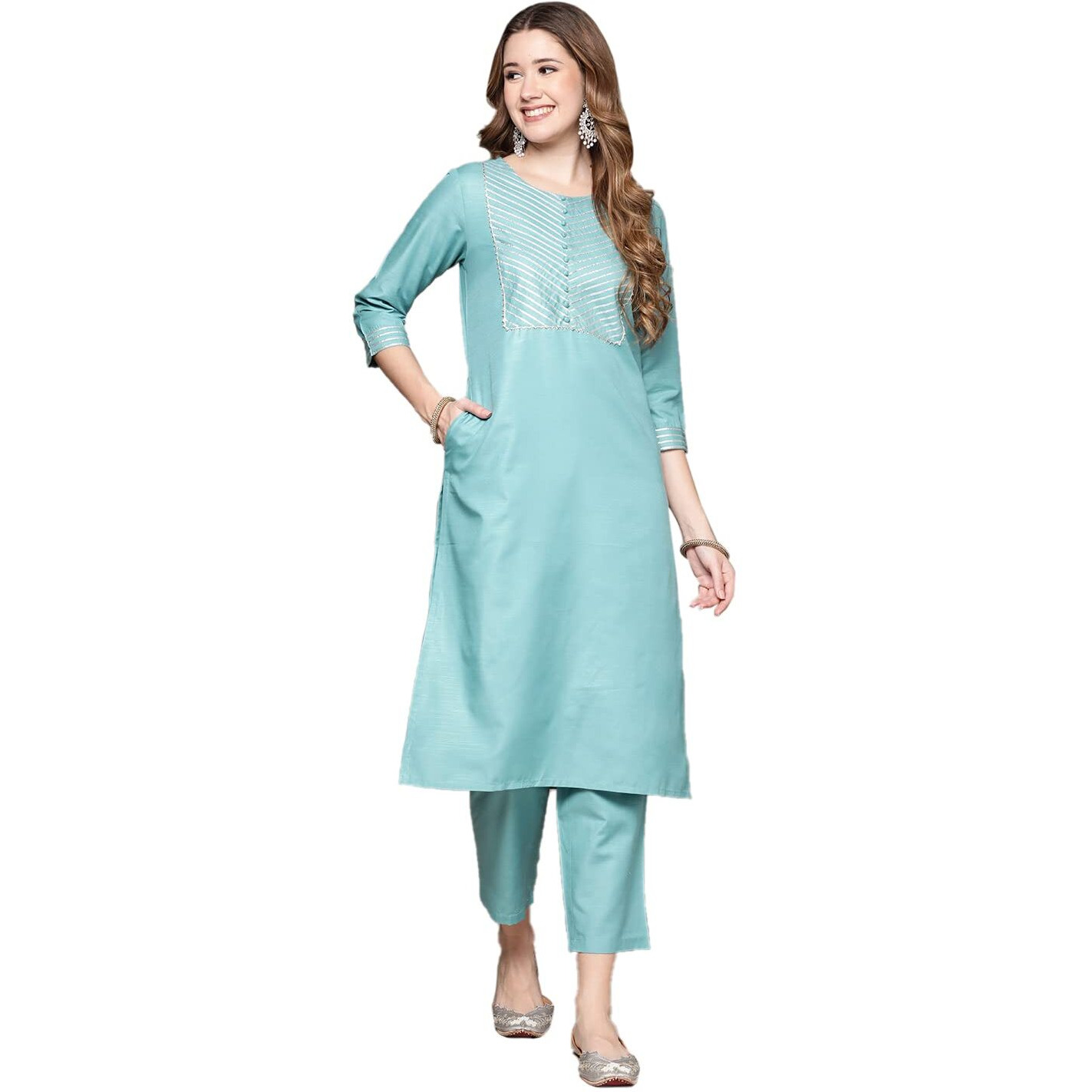 Anubhutee Women's Cotton Sky Blue Gota Patti Work Solid Straight Kurta Suit Set With Trousers