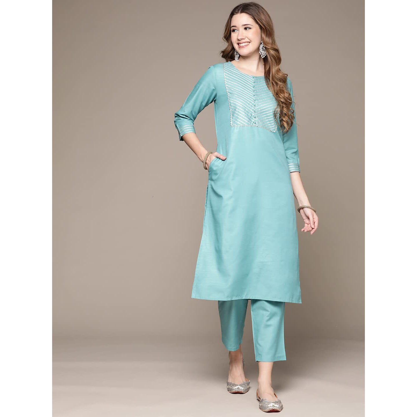 Anubhutee Women's Cotton Sky Blue Gota Patti Work Solid Straight Kurta Suit Set With Trousers