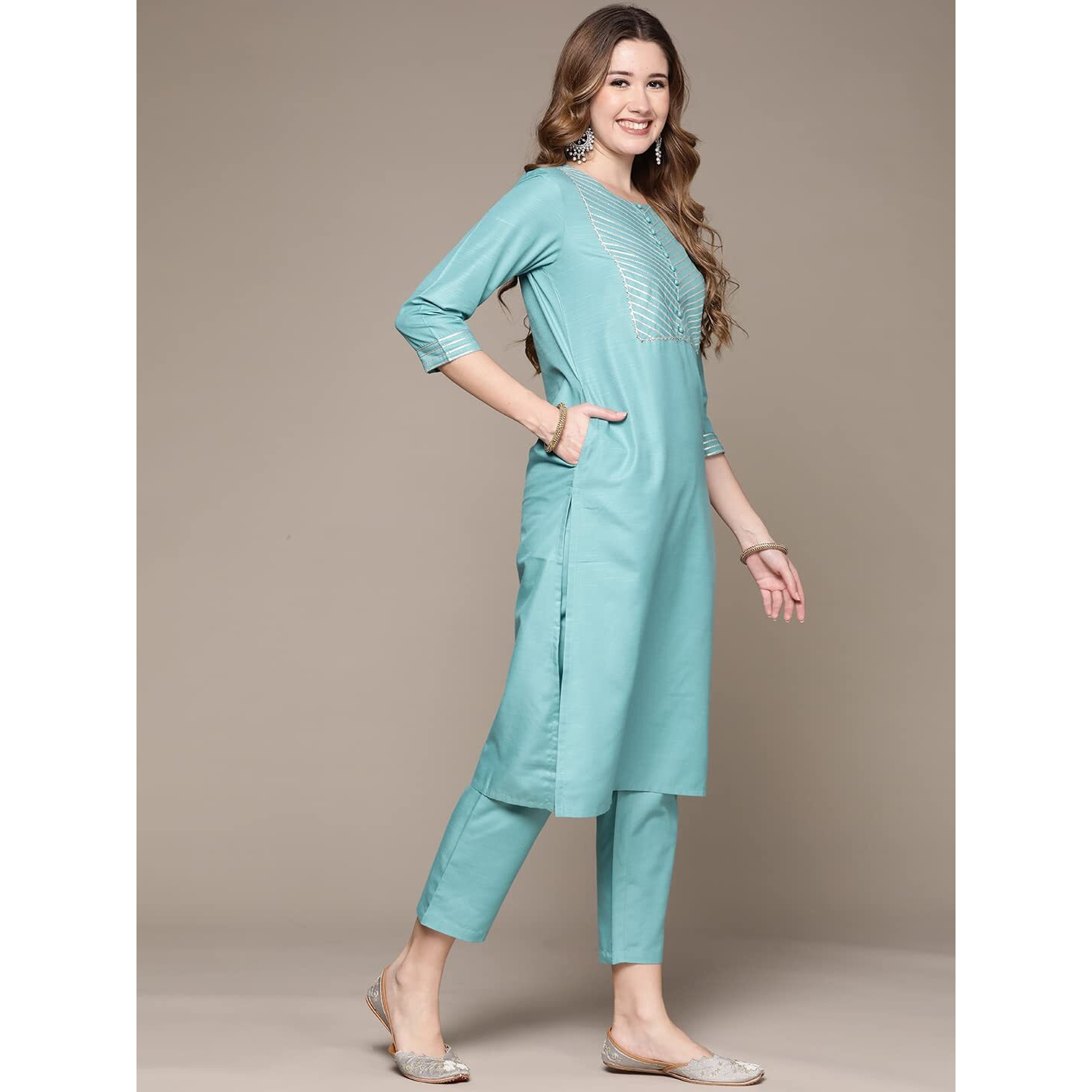 Anubhutee Women's Cotton Sky Blue Gota Patti Work Solid Straight Kurta Suit Set With Trousers