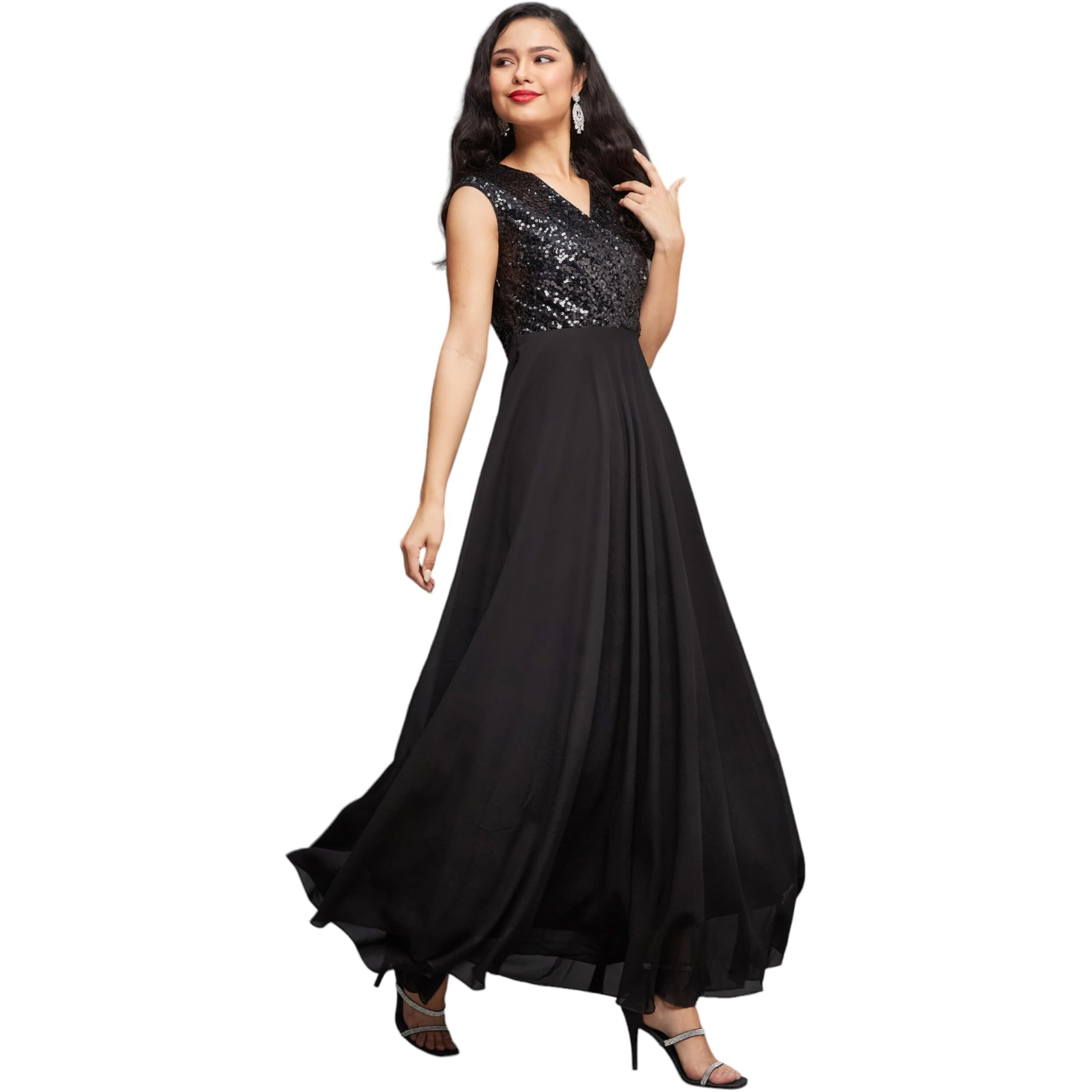 Miss Chase Women's V-Neck Cap Sleeved Solid Wrap Maxi Dress (Mcaw22D99-88-62-02, Black, Xs)