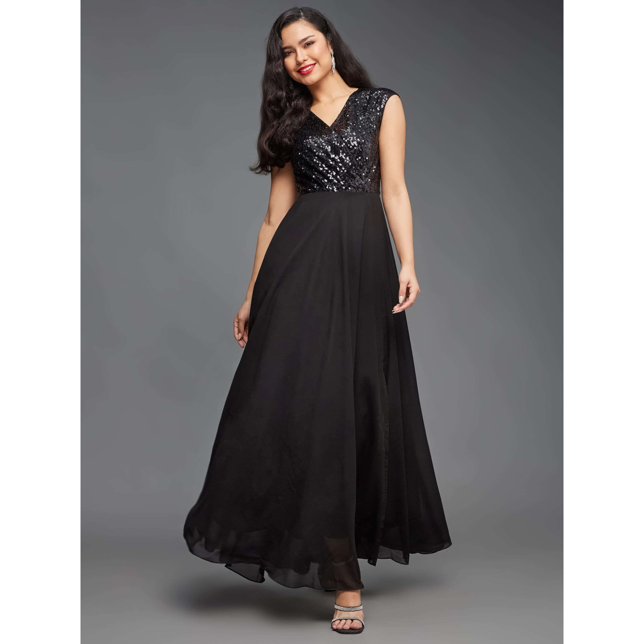 Miss Chase Women's V-Neck Cap Sleeved Solid Wrap Maxi Dress (Mcaw22D99-88-62-02, Black, Xs)