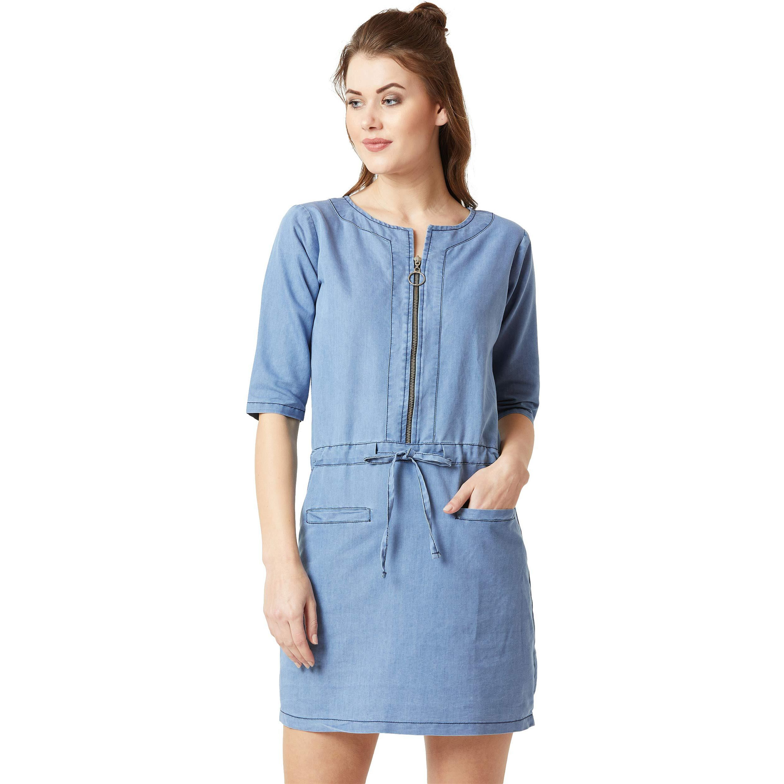 Miss Chase Women's Denim Midi Shift Dress(Mcaw18Den04-29-158-04,Light Blue,Medium)