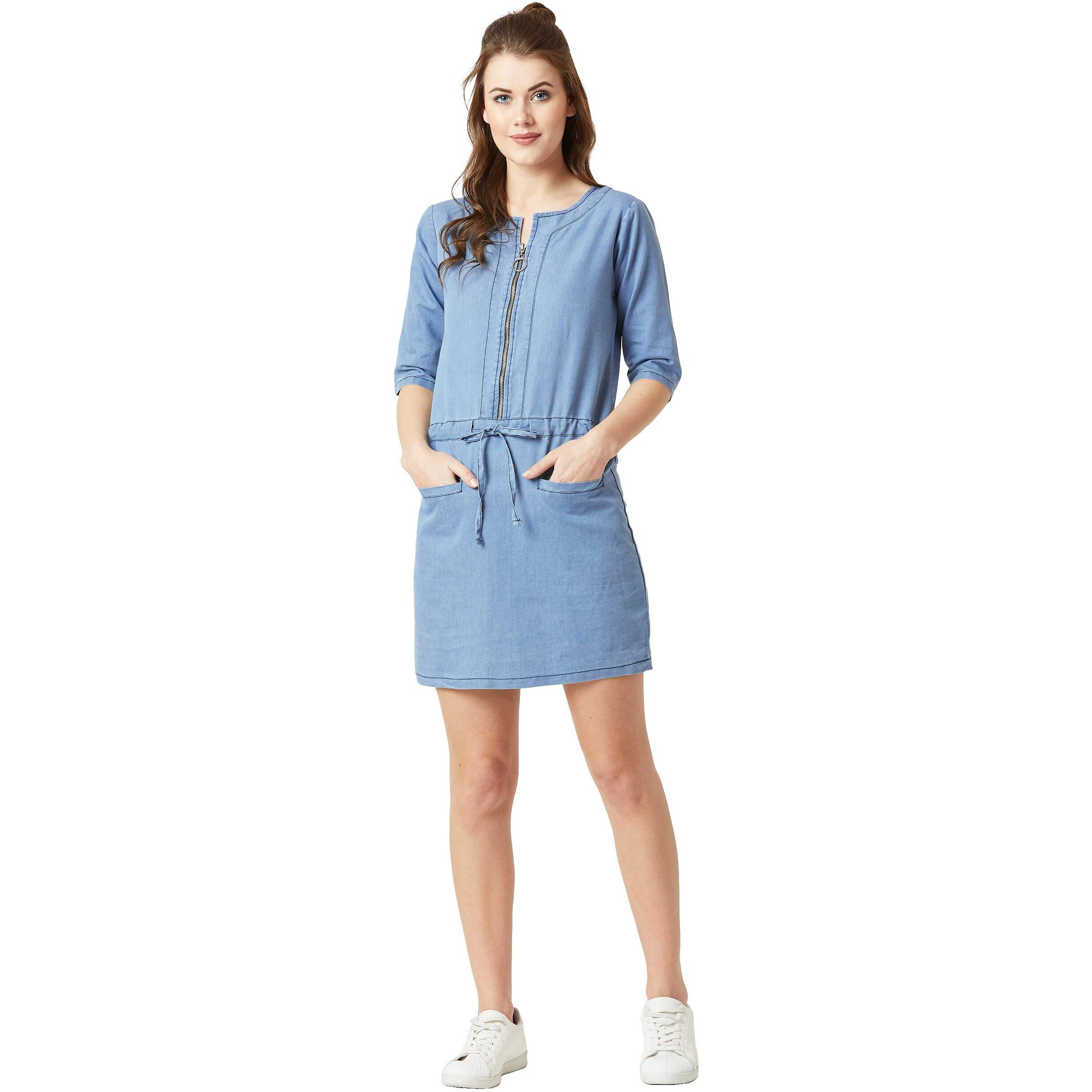 Miss Chase Women's Denim Midi Shift Dress(Mcaw18Den04-29-158-04,Light Blue,Medium)