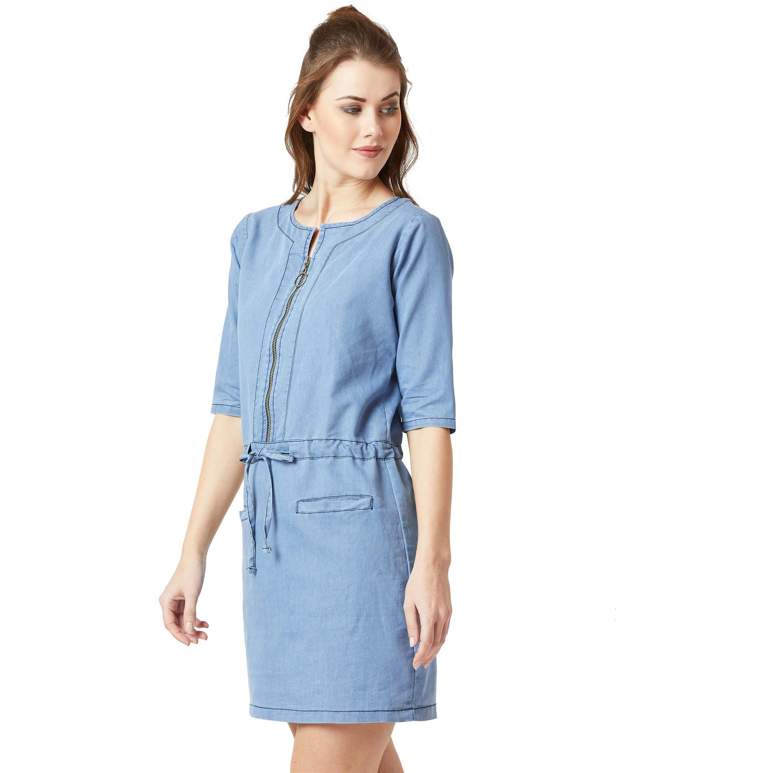 Miss Chase Women's Denim Midi Shift Dress(Mcaw18Den04-29-158-04,Light Blue,Medium)