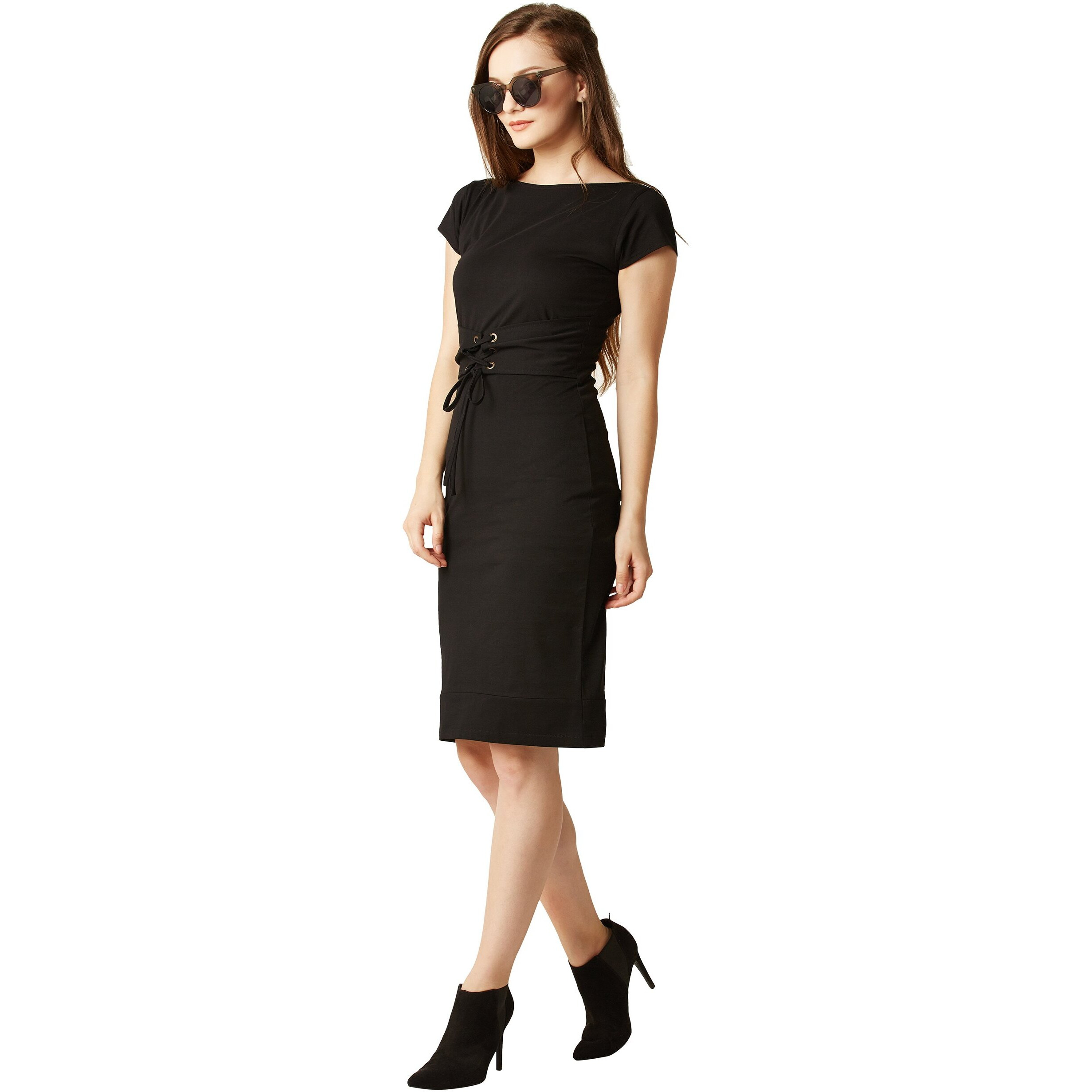 Miss Chase Women's Super Soft Boat Neck Cap Sleeves Solid Deep V-Back Corset Belt Tie-Up Mini Shift Dress | 2 Colors(Mcaw17D09-59-62-05, Black, Large)