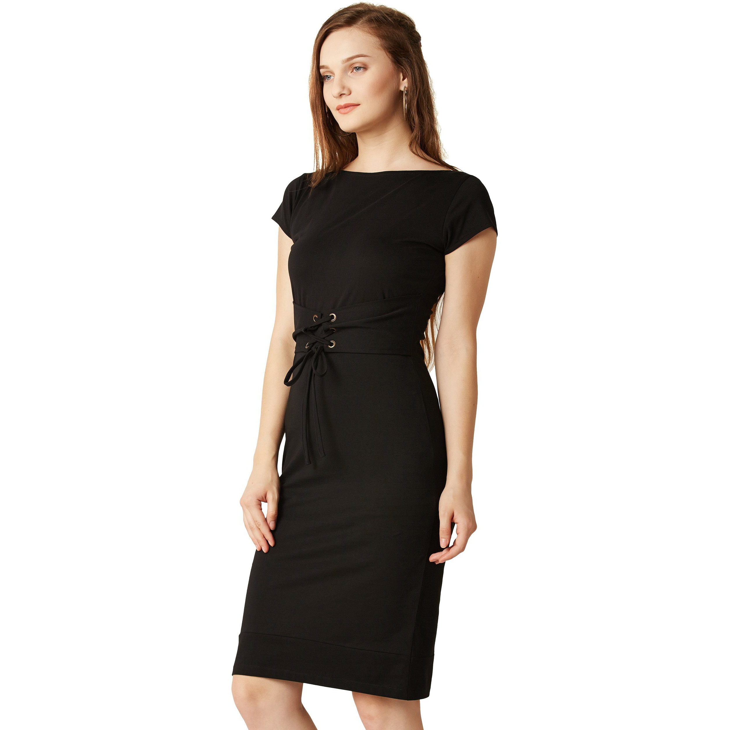 Miss Chase Women's Super Soft Boat Neck Cap Sleeves Solid Deep V-Back Corset Belt Tie-Up Mini Shift Dress | 2 Colors(Mcaw17D09-59-62-05, Black, Large)