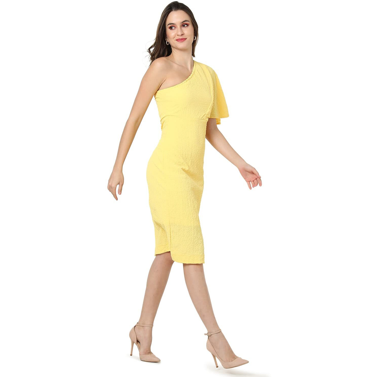 Campus Sutra Women Solid Design Stylish One Shoulder Casual Dresses(Ssmr22_Cswssdr5085_Xl) Yellow