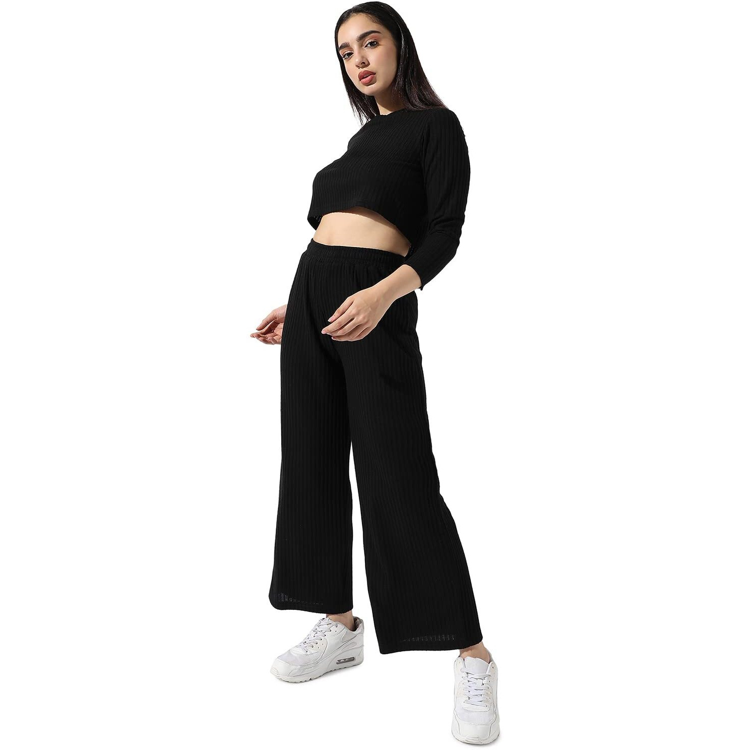 Campus Sutra Women's Solid Black Ribbed Co-Ord Set For Casual Wear | Long Sleeves | Poly Cotton Lycra Fabric | Crew Neck Clothing Set Crafted With Comfort Fit For Everyday Wear