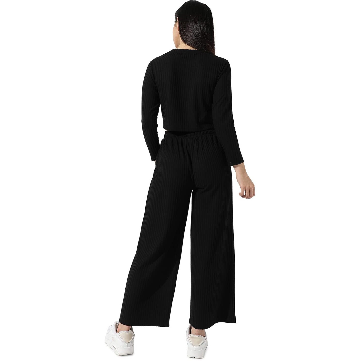 Campus Sutra Women's Solid Black Ribbed Co-Ord Set For Casual Wear | Long Sleeves | Poly Cotton Lycra Fabric | Crew Neck Clothing Set Crafted With Comfort Fit For Everyday Wear