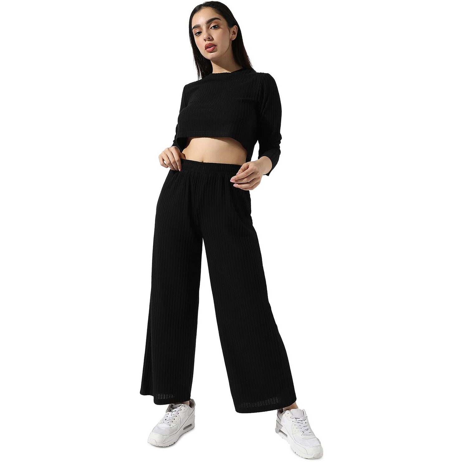 Campus Sutra Women's Solid Black Ribbed Co-Ord Set For Casual Wear | Long Sleeves | Poly Cotton Lycra Fabric | Crew Neck Clothing Set Crafted With Comfort Fit For Everyday Wear