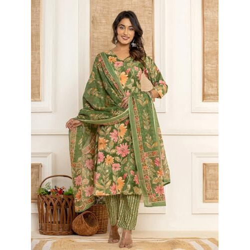 Nainvish Women's Viscose Rayon Printed Straight V-Neck Kurta Pant With Dupatta (Sd711_Kbd-L_Green)
