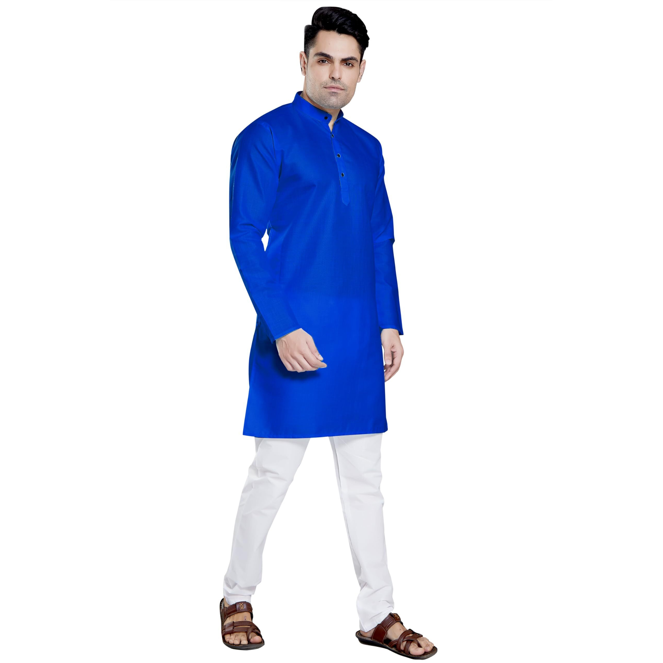 Divisive Men's Plain Cotton Blend Linen Slim Fit Kurta Pyjama Set (Dkrt67_S_Royal Blue)