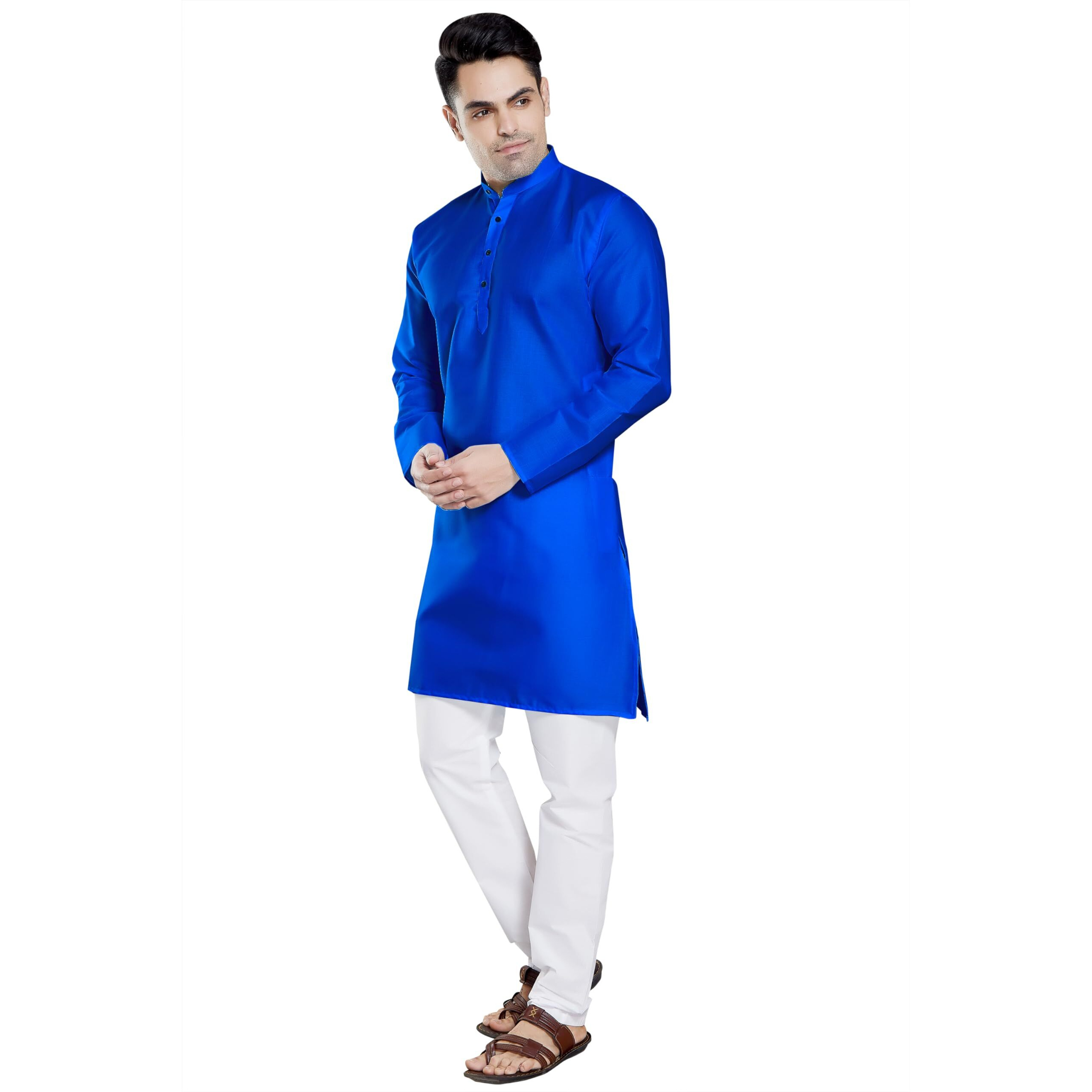 Divisive Men's Plain Cotton Blend Linen Slim Fit Kurta Pyjama Set (Dkrt67_S_Royal Blue)