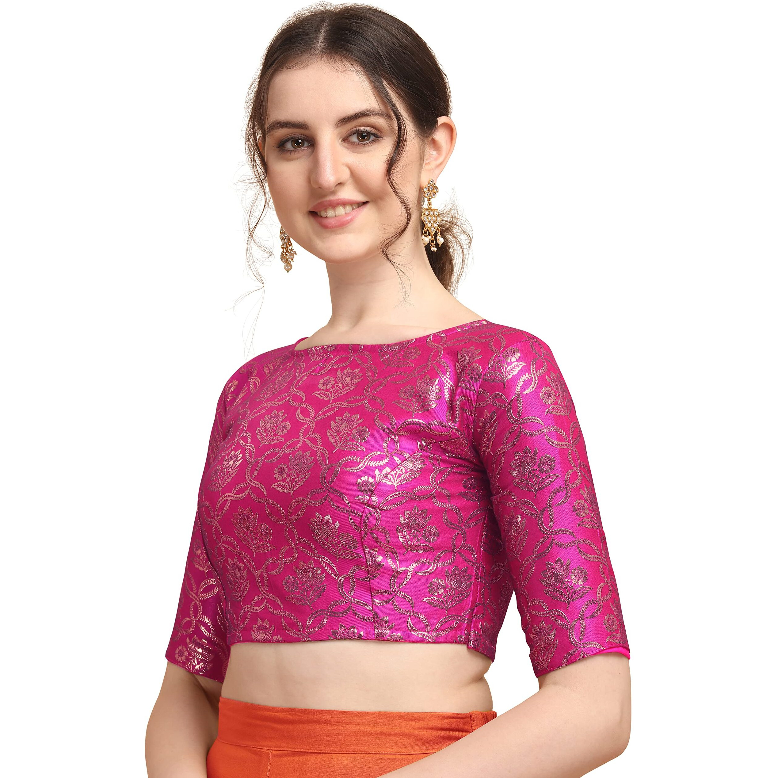 Oomph Women's Indian Ethnic Wear Designer Twist Leaf Pattern Zari Work Boat Neck Half Sleeve Pink Color Jacquard Readymade Blouse For Saree Or Lehnga And Fusion Twist. L