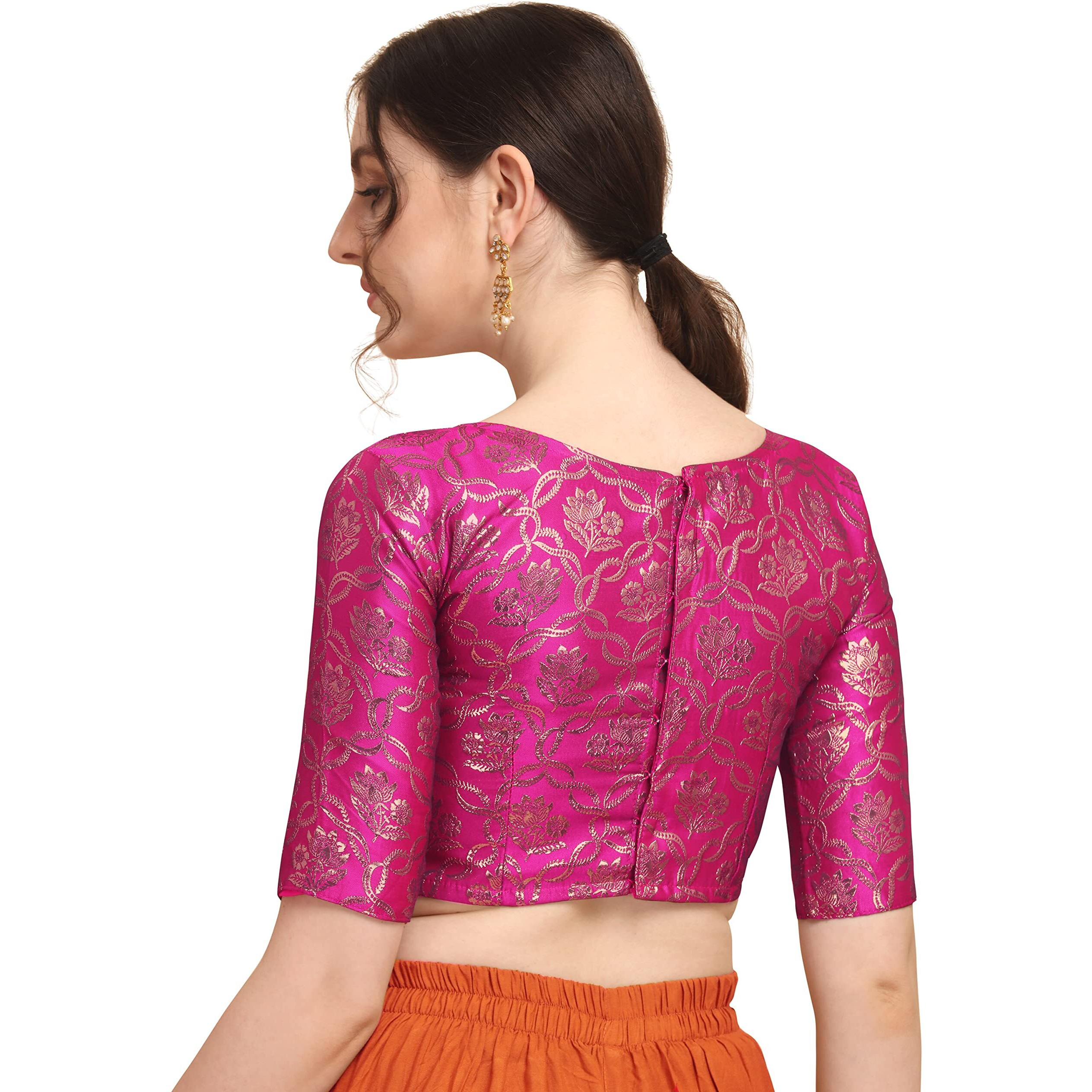 Oomph Women's Indian Ethnic Wear Designer Twist Leaf Pattern Zari Work Boat Neck Half Sleeve Pink Color Jacquard Readymade Blouse For Saree Or Lehnga And Fusion Twist. L