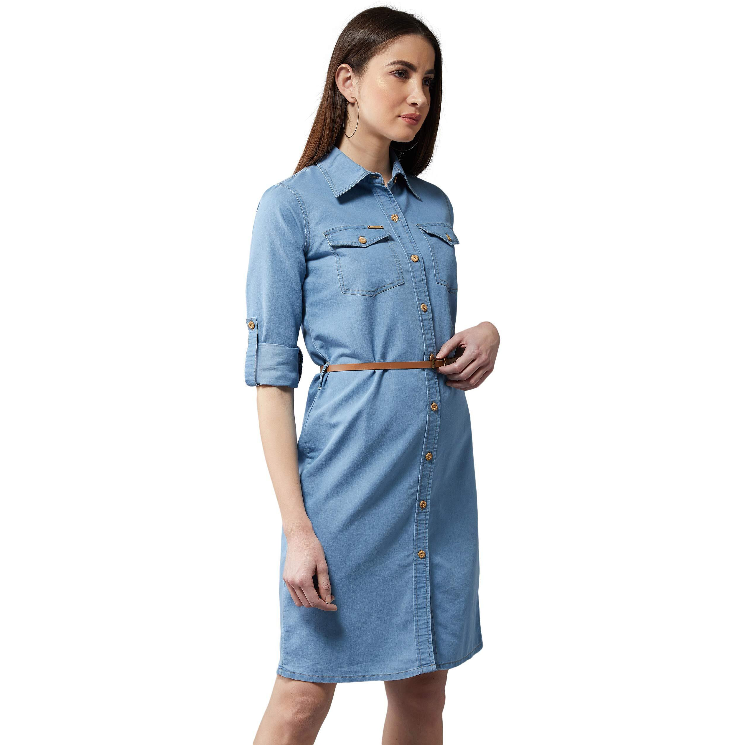 Dolce Crudo Women's Blue Polo Neck Denim Solid A-Line Mini Dress(Doaw18Den04-22-115-06,Blue,X-Large)