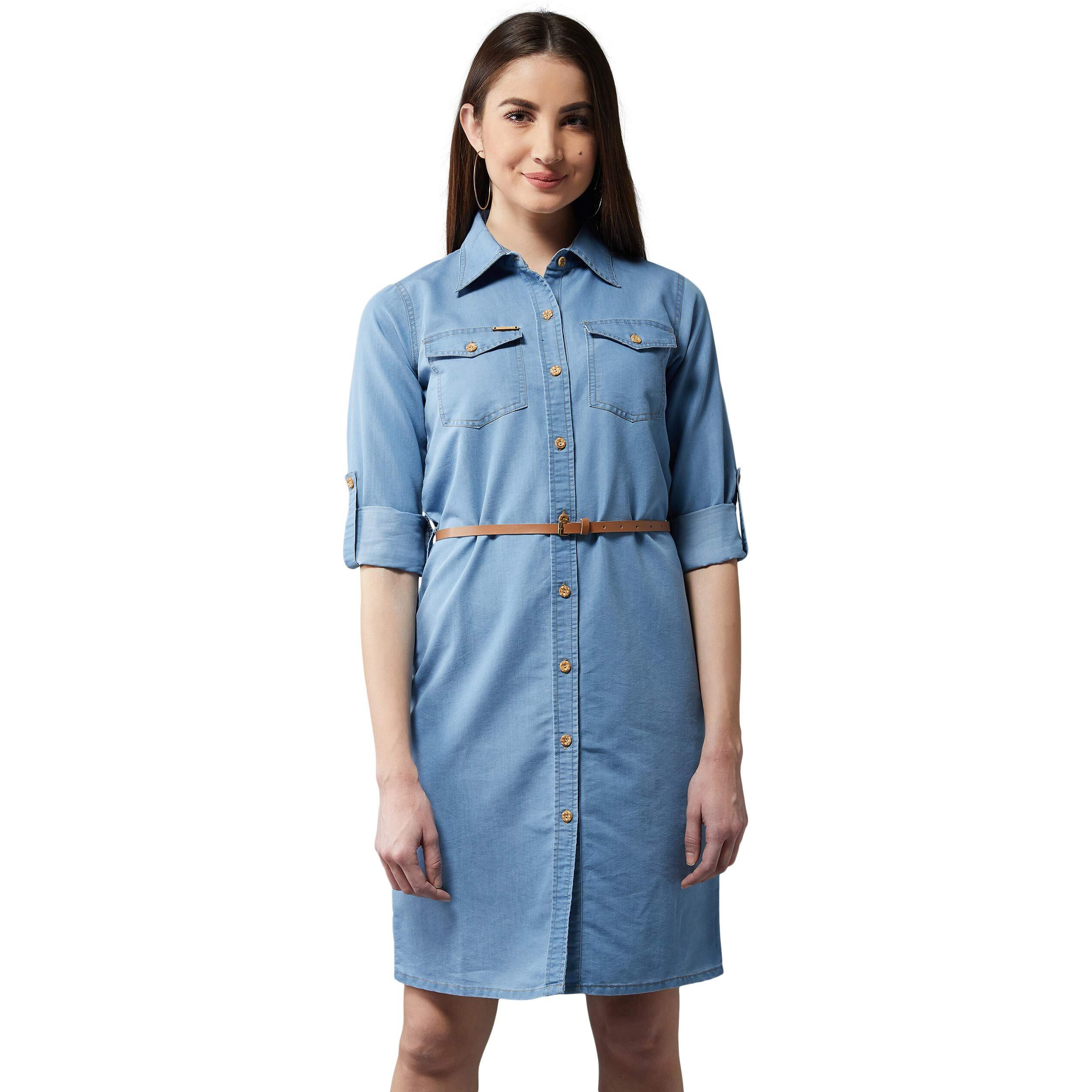 Dolce Crudo Women's Blue Polo Neck Denim Solid A-Line Mini Dress(Doaw18Den04-22-115-06,Blue,X-Large)