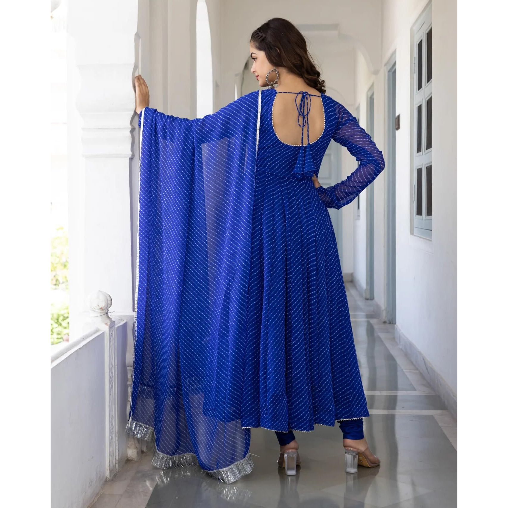 Fashion Basket Floral Print Anarkali Kurta With Pant And Dupatta Black (S, Blue)