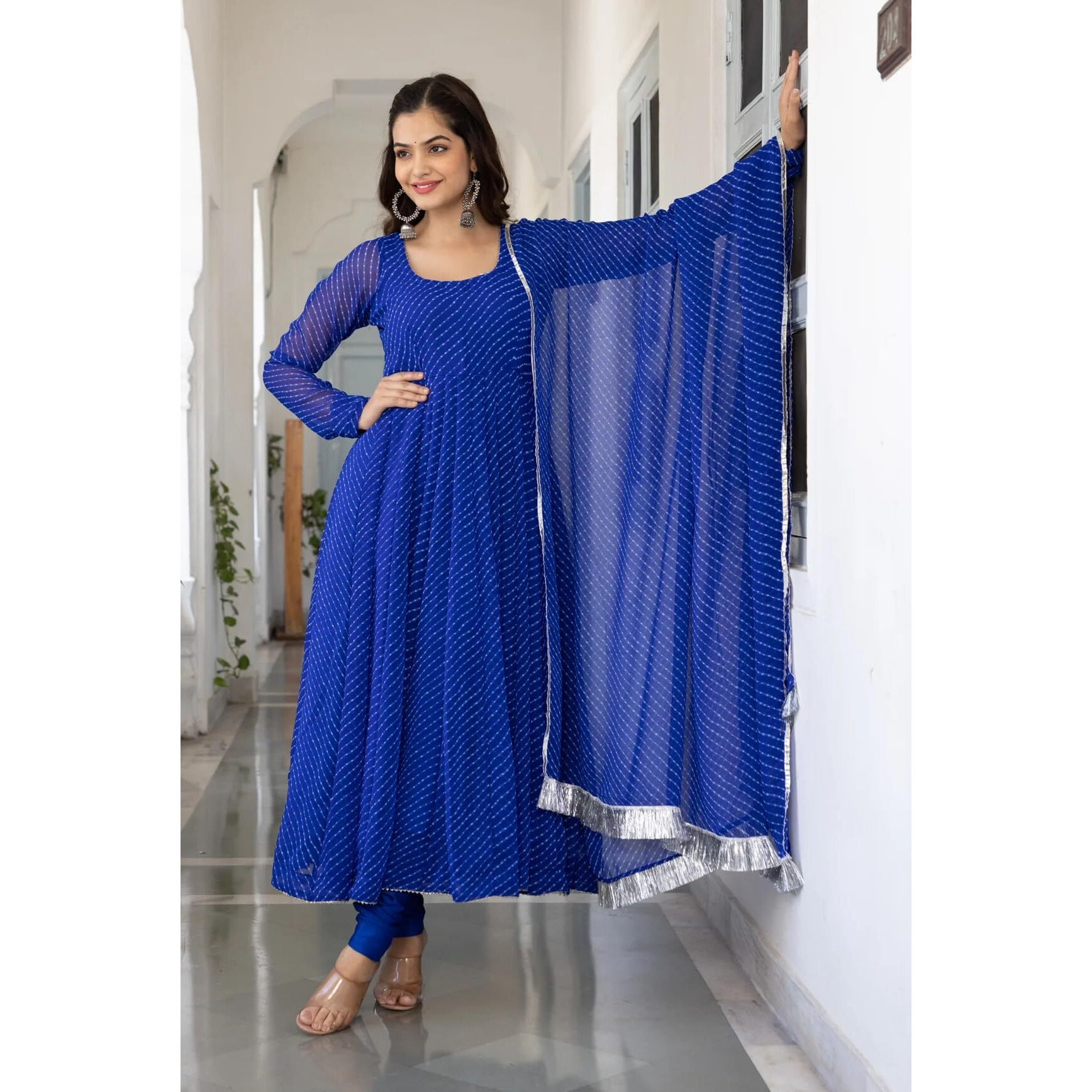 Fashion Basket Floral Print Anarkali Kurta With Pant And Dupatta Black (S, Blue)