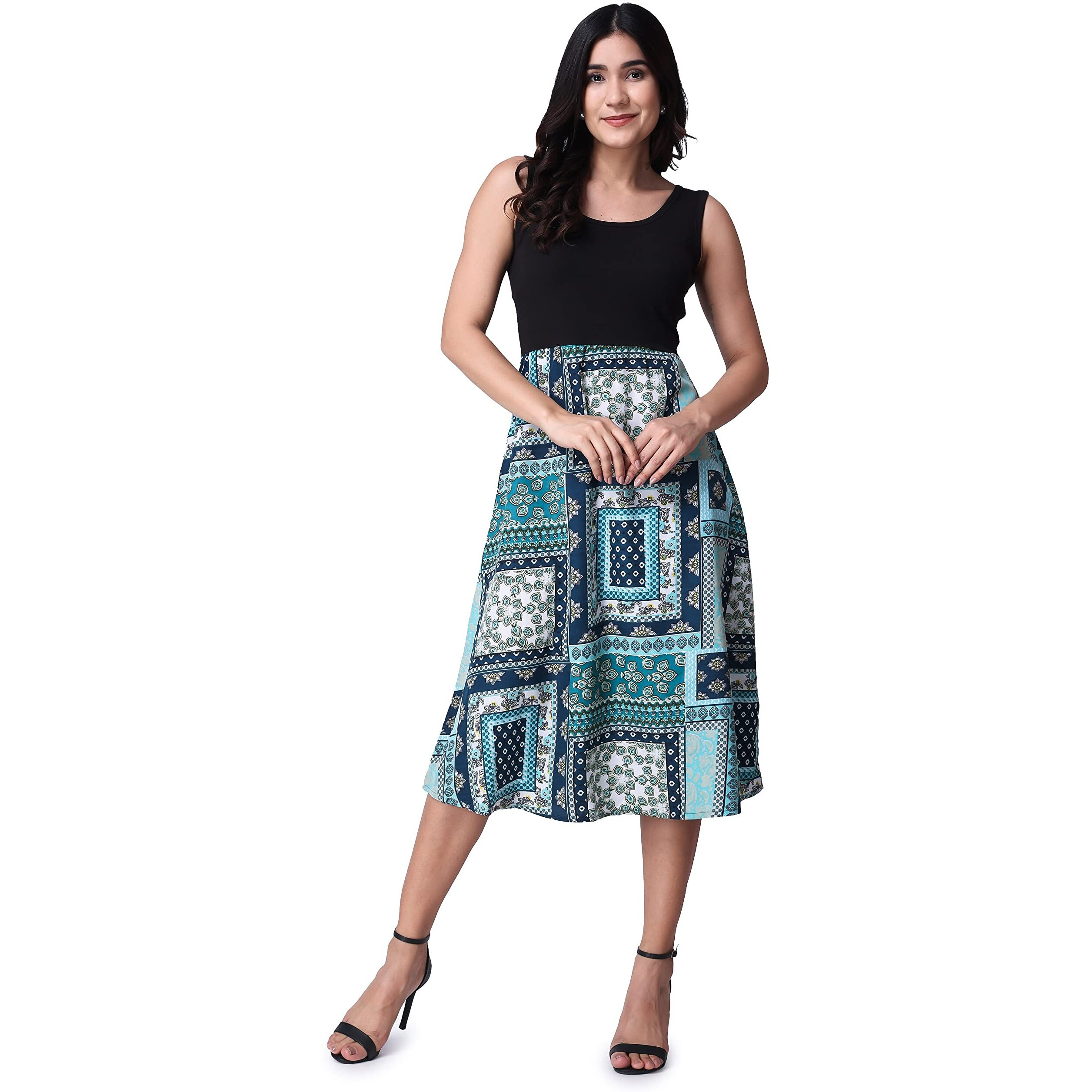Popwings Casual Boho Printed And Solid Peplum Dress For Women | Summer Dresses For Women | Sleeveless Women Dresses | Round-Neck Knee-Length Fit And Flare Stylish Latest Dresses For Women Green
