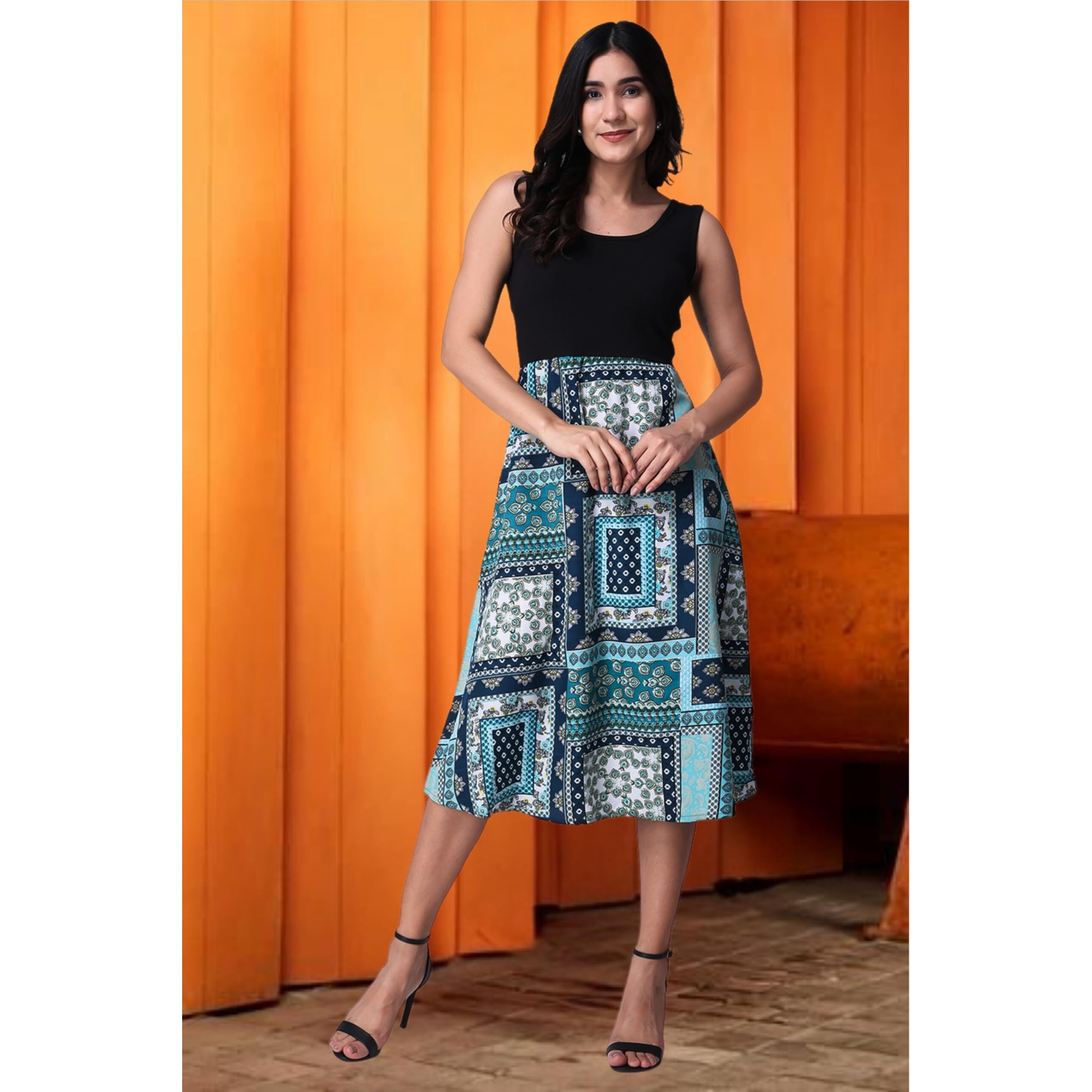 Popwings Casual Boho Printed And Solid Peplum Dress For Women | Summer Dresses For Women | Sleeveless Women Dresses | Round-Neck Knee-Length Fit And Flare Stylish Latest Dresses For Women Green