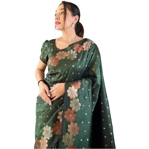 Flosive Women's Woven Kanjivaram Wedding Saree With Blouse And Zari Border (Green)