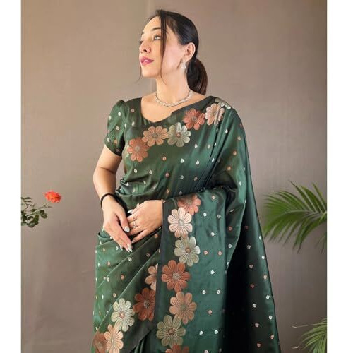 Flosive Women's Woven Kanjivaram Wedding Saree With Blouse And Zari Border (Green)