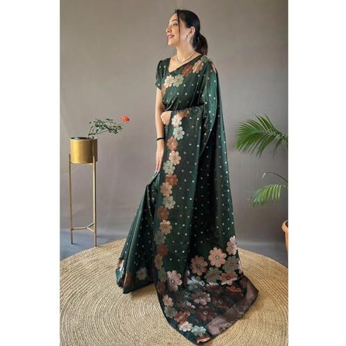 Flosive Women's Woven Kanjivaram Wedding Saree With Blouse And Zari Border (Green)
