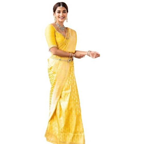 Flosive Women's Kanjivaram Silk Saree With Beautiful Blouse With Zari Border (Yellow)