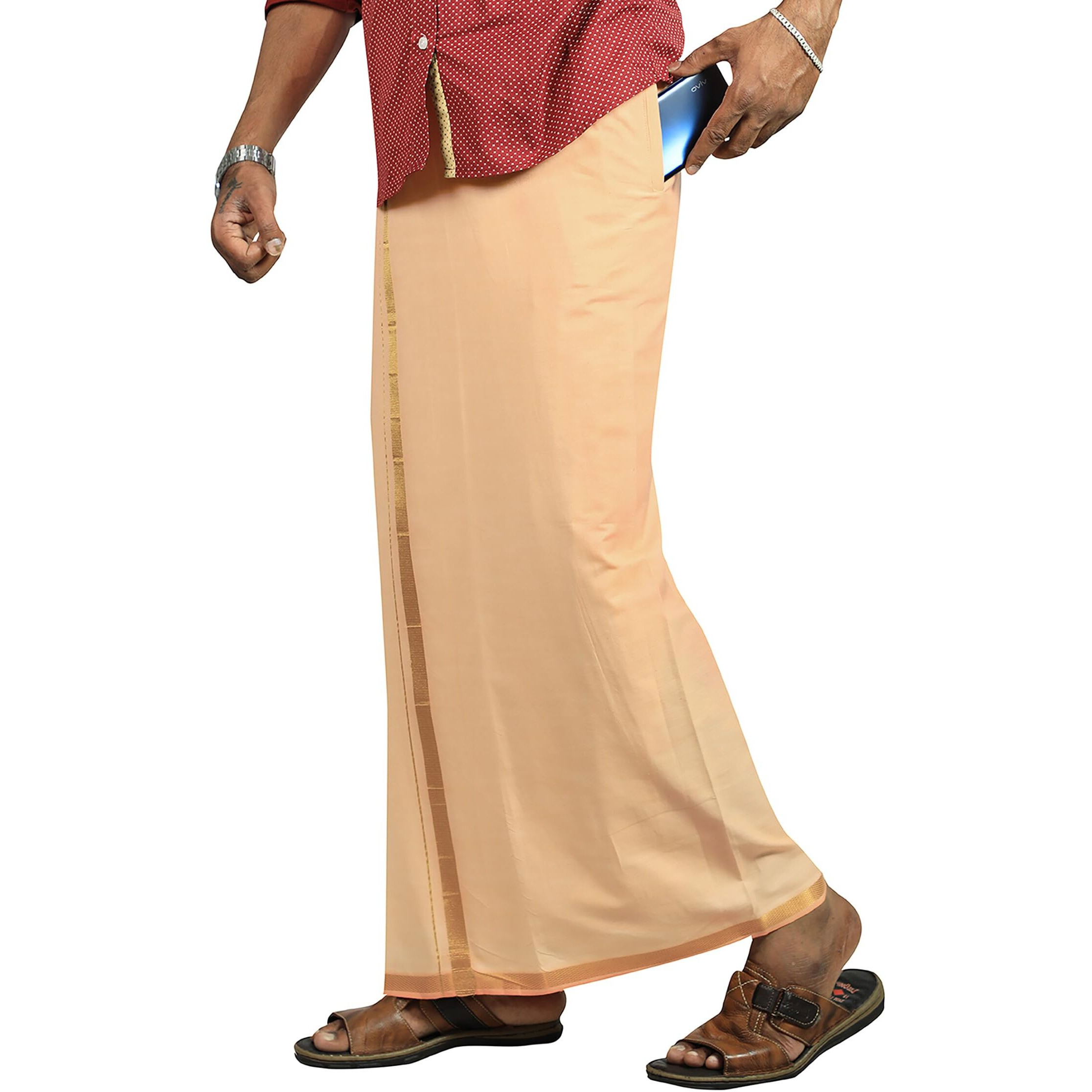 Prakasam Cotton Mens L.Kavi Colour Jari Cotton Flexi Size Welcro Pocket Dhoti (Jari-L.Kavi) -Large