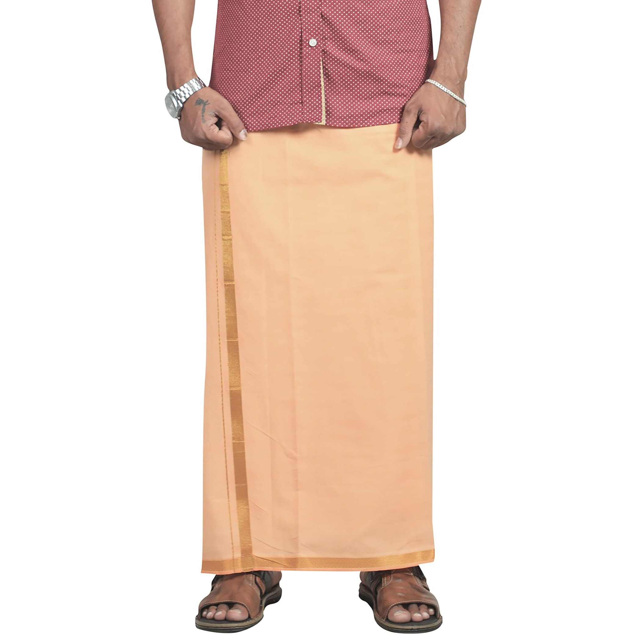 Prakasam Cotton Mens L.Kavi Colour Jari Cotton Flexi Size Welcro Pocket Dhoti (Jari-L.Kavi) -Large