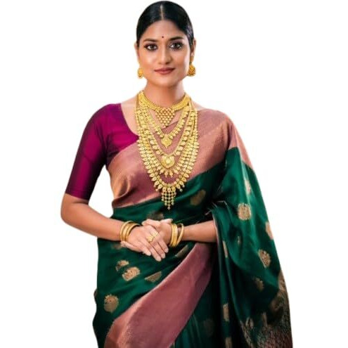 Flosive Women's Dark Green Kanjivaram Pure Zari Woven Soft Silk Saree With Blouse