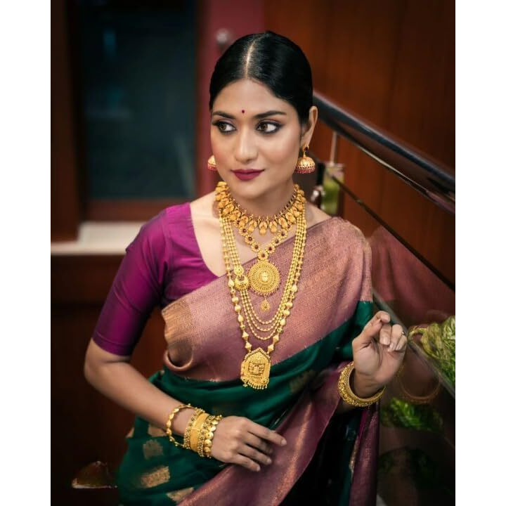 Flosive Women's Dark Green Kanjivaram Pure Zari Woven Soft Silk Saree With Blouse