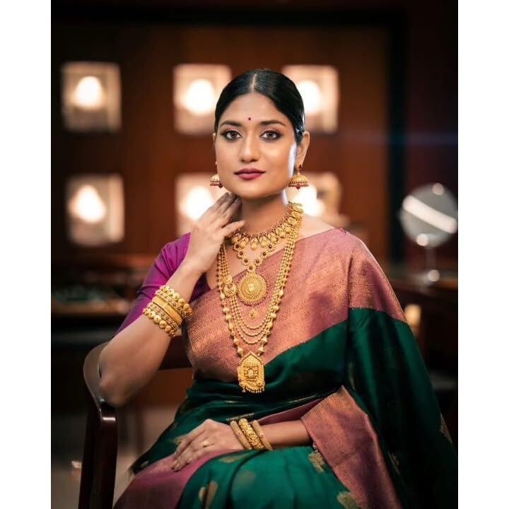 Flosive Women's Dark Green Kanjivaram Pure Zari Woven Soft Silk Saree With Blouse