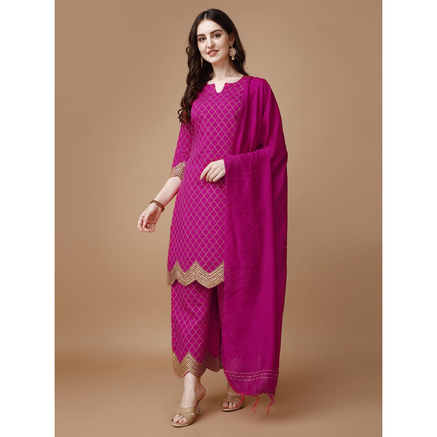 Pratham Blue Kurta Set For Women Silk Embroidered Straight Kurta Set For Women With Palazzos And Dupatta (Pb-6089-M_Pink)