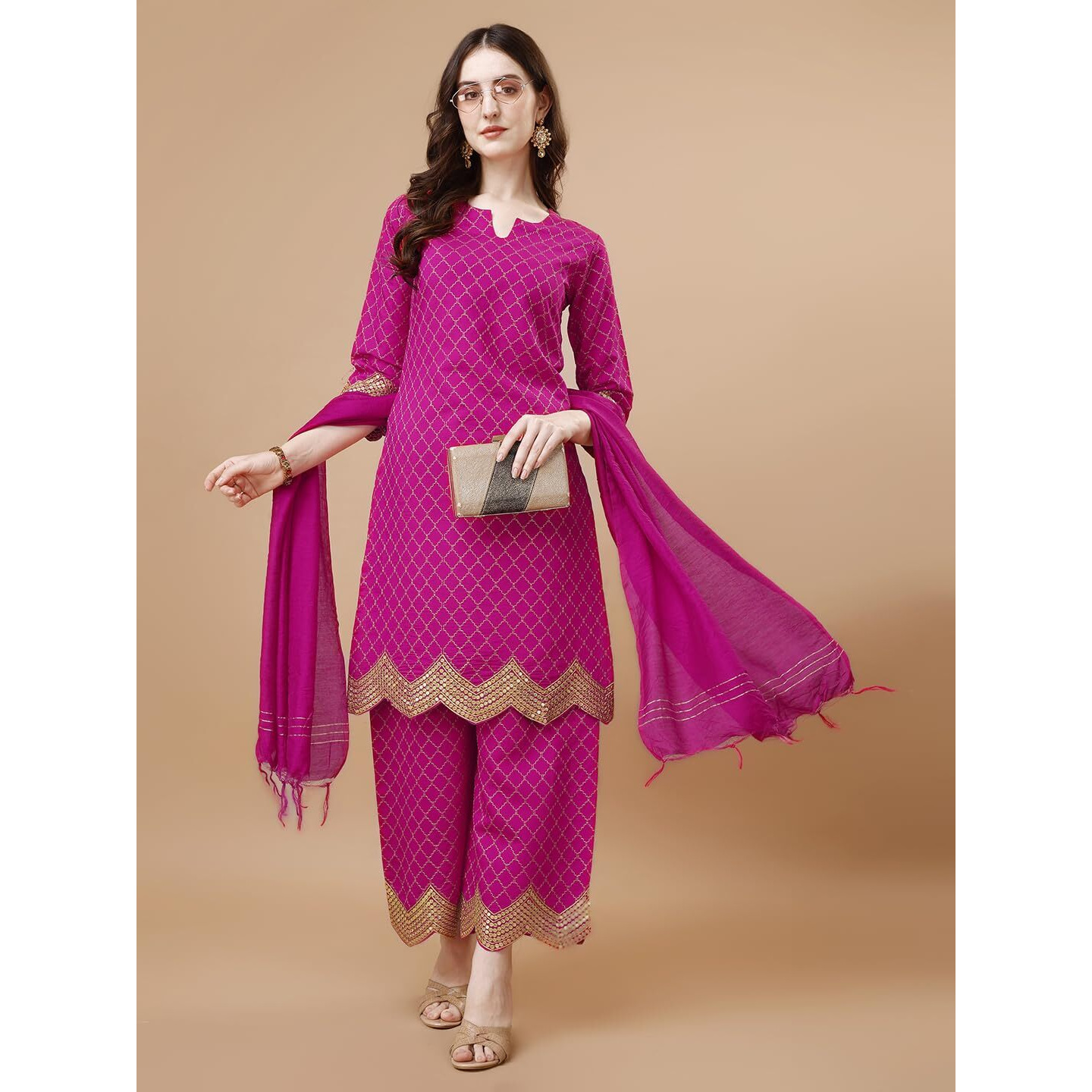 Pratham Blue Kurta Set For Women Silk Embroidered Straight Kurta Set For Women With Palazzos And Dupatta (Pb-6089-M_Pink)