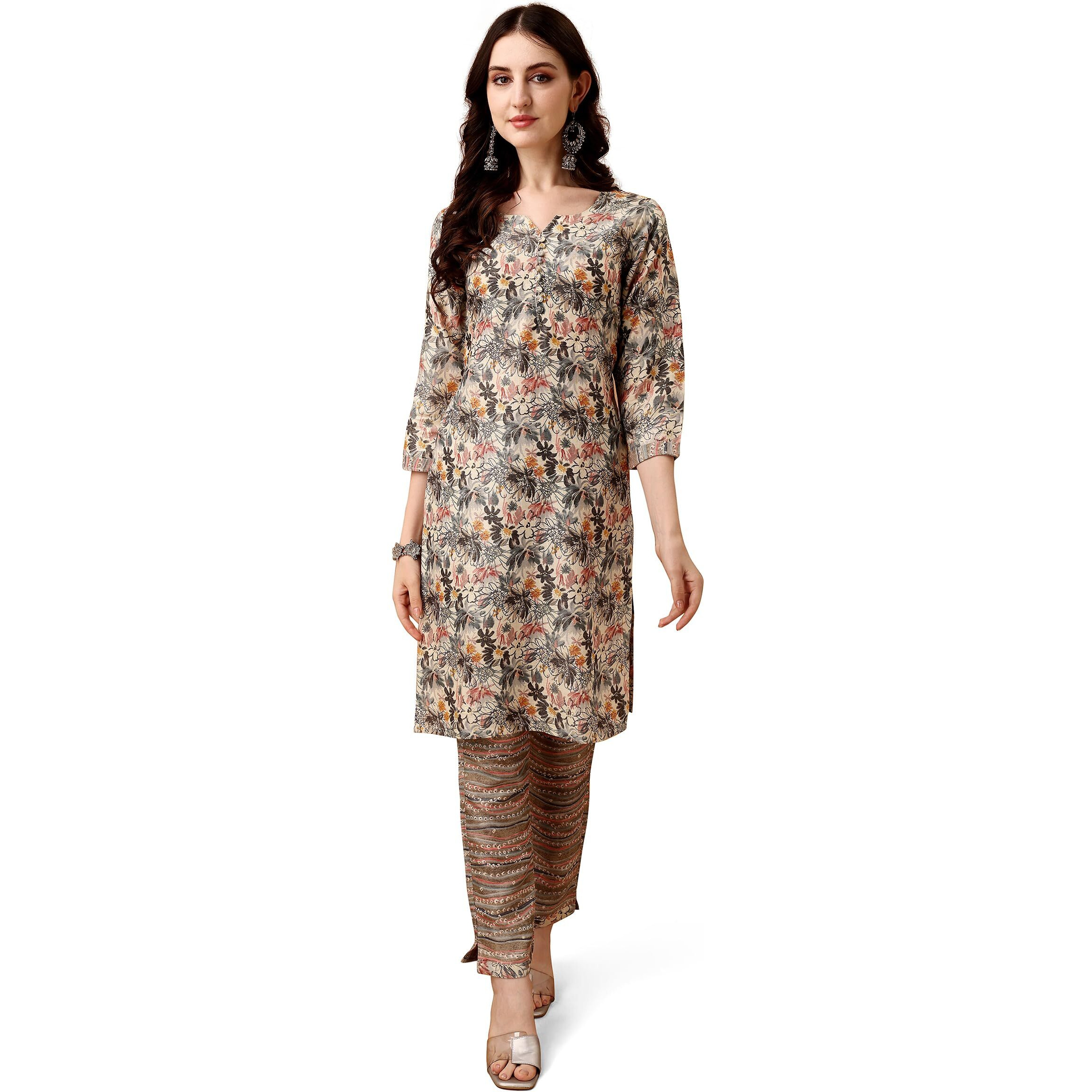 Pratham Blue Kurta Set For Women Cotton Blend Straight Printed Kurta Set For Women With Pant (Pb-6196-L_Beige And Grey)