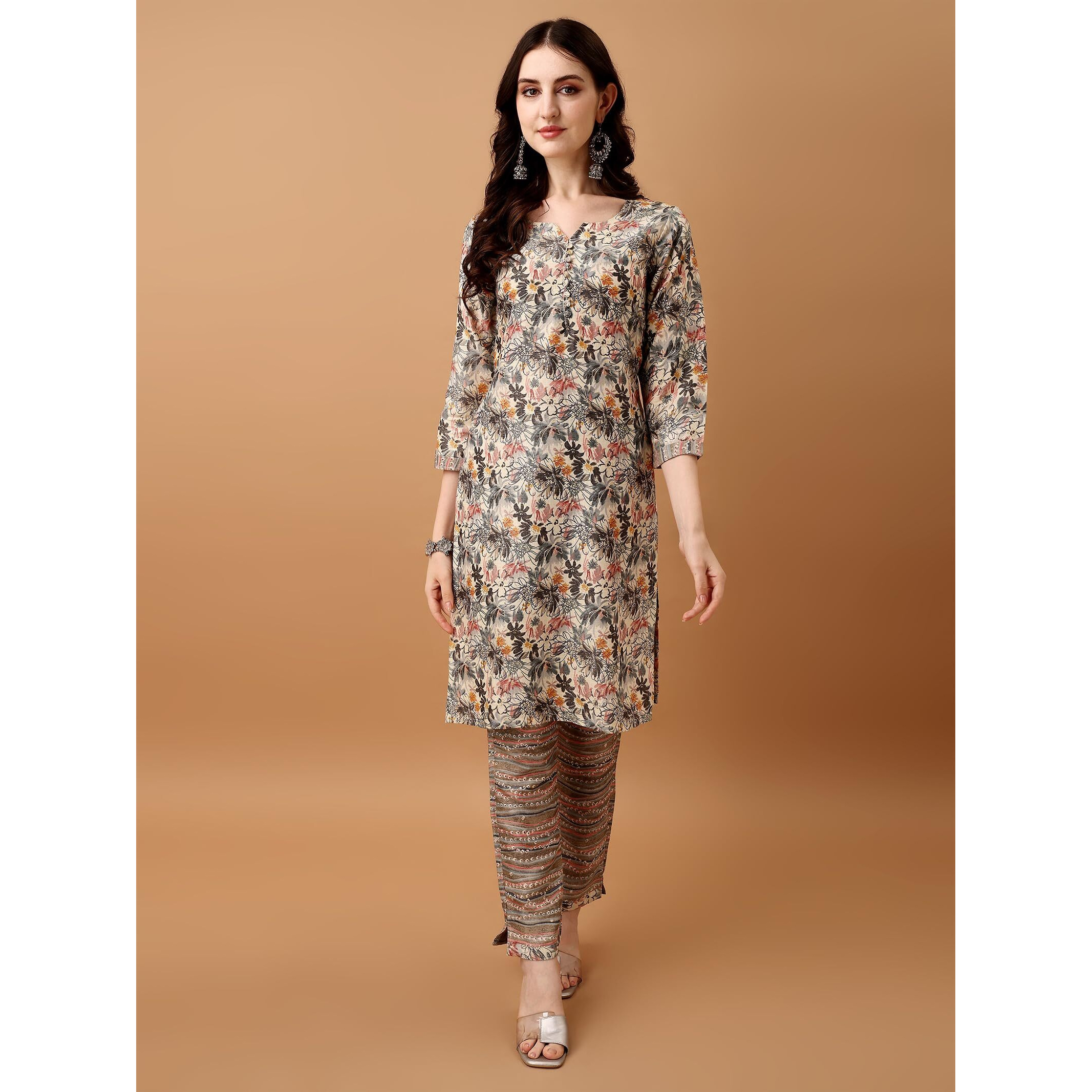 Pratham Blue Kurta Set For Women Cotton Blend Straight Printed Kurta Set For Women With Pant (Pb-6196-L_Beige And Grey)