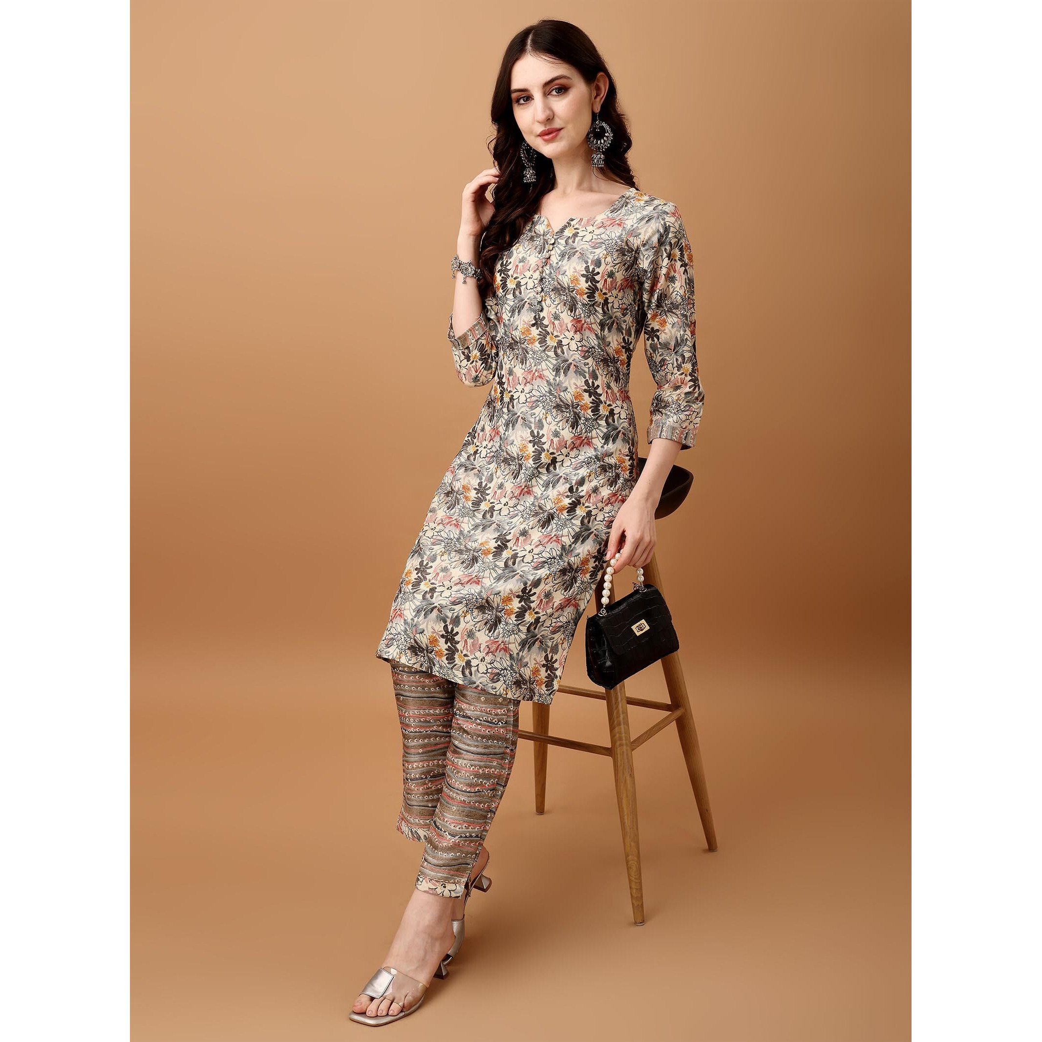 Pratham Blue Kurta Set For Women Cotton Blend Straight Printed Kurta Set For Women With Pant (Pb-6196-L_Beige And Grey)
