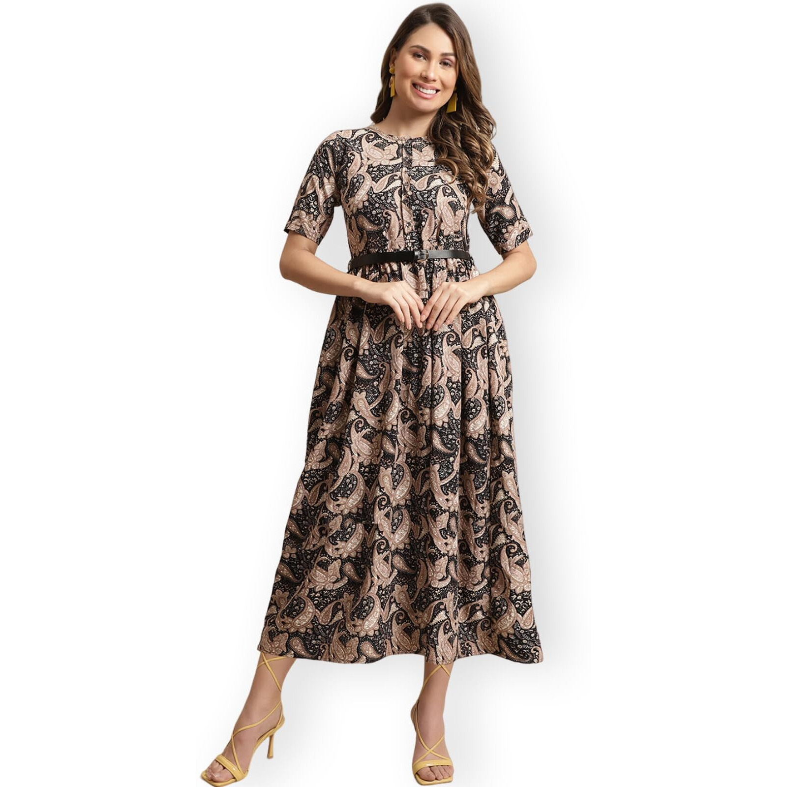Preneum Girls's Georgette Floral Printed 3/4 Slevees A-Line Fit & Flare Gown With Belt, Black, L