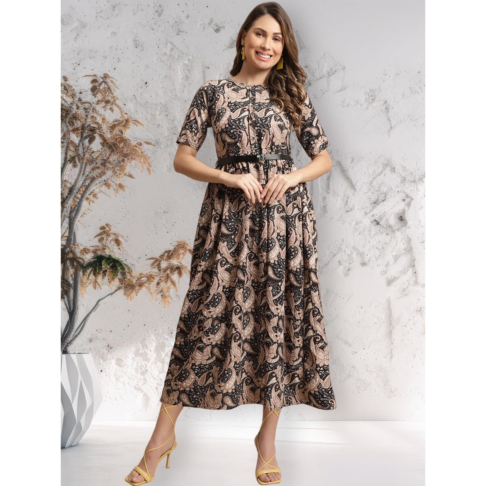 Preneum Girls's Georgette Floral Printed 3/4 Slevees A-Line Fit & Flare Gown With Belt, Black, L