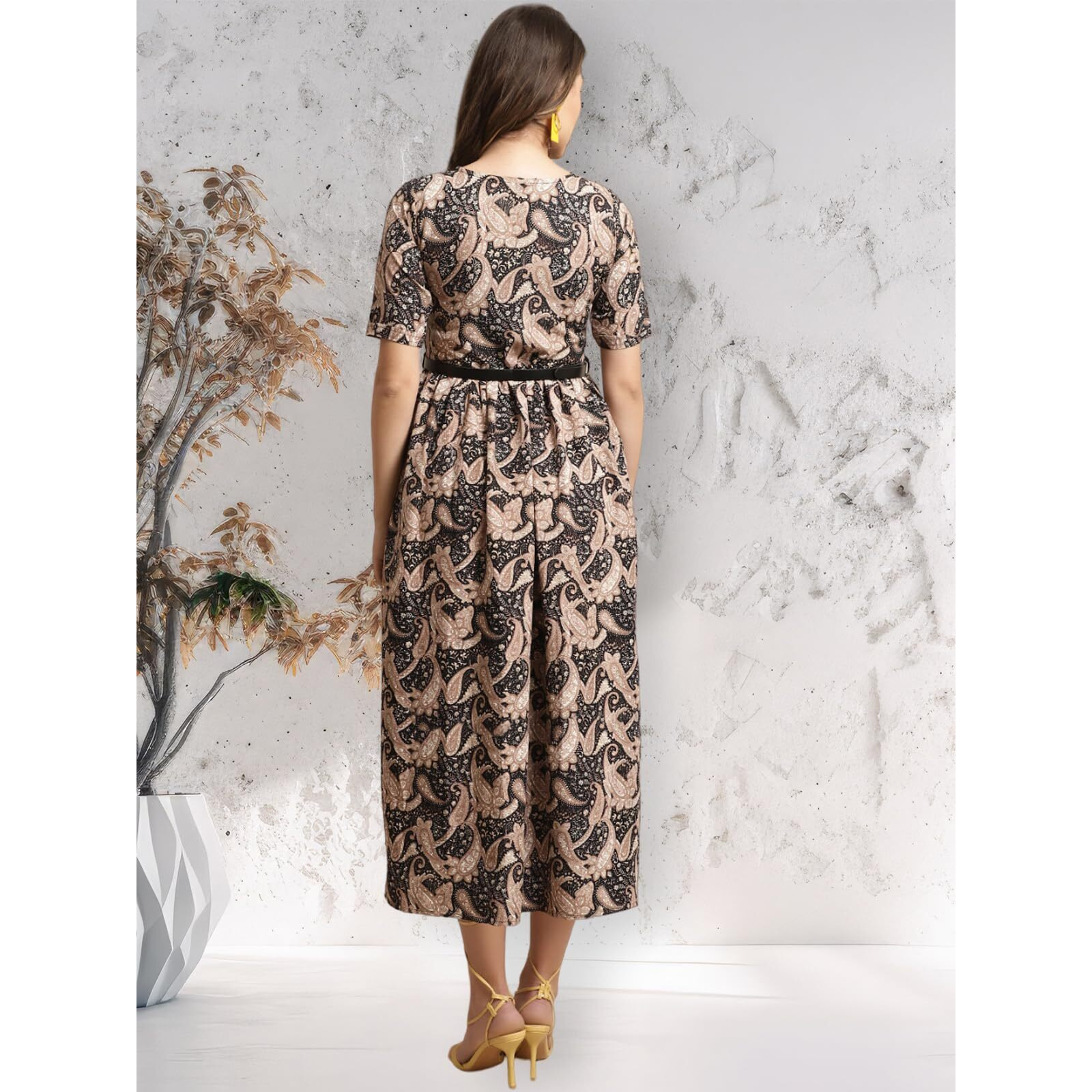 Preneum Girls's Georgette Floral Printed 3/4 Slevees A-Line Fit & Flare Gown With Belt, Black, L