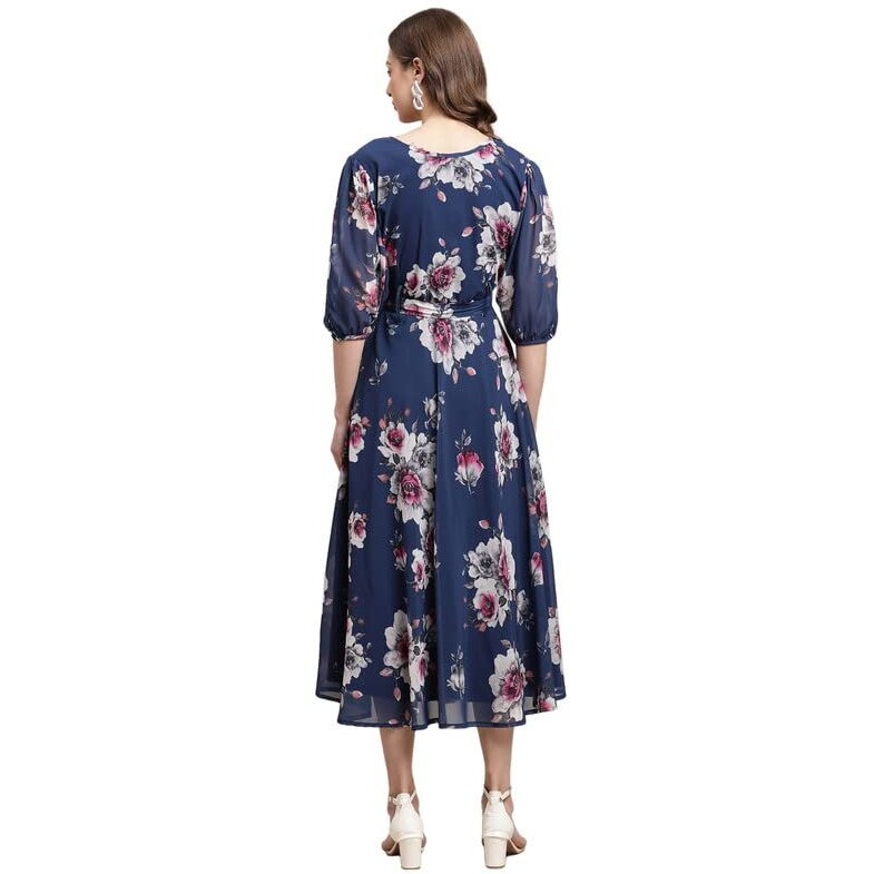 Preneum Women's Maxi Fit & Flare Latest Style Print Georgette Regular Sleeves Casual Dress |Summer Dress Festival & Occasion Maxi Gown,Light Blue,M