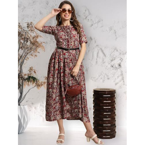 Preneum Girls's Georgette Floral Printed 3/4 Slevees A-Line Fit & Flare Gown With Belt, Red, Xl
