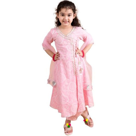 Pspeaches Girls Pink Printed Angrakha Pure Cotton Kurta Set (Pink-4-5Y)