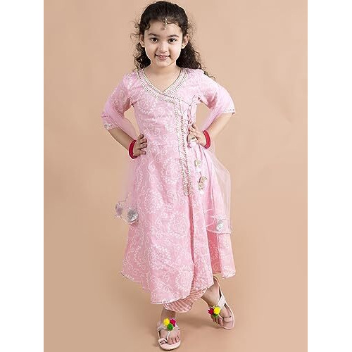 Pspeaches Girls Pink Printed Angrakha Pure Cotton Kurta Set (Pink-4-5Y)