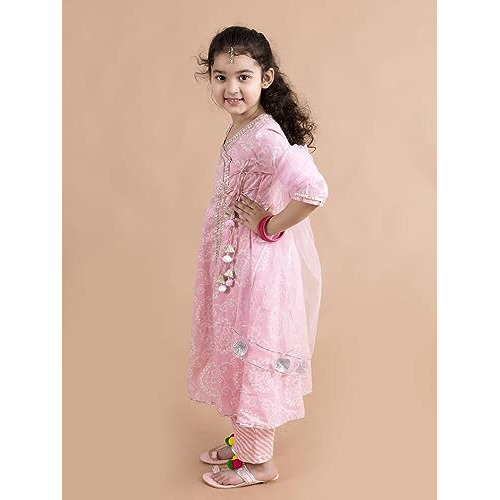 Pspeaches Girls Pink Printed Angrakha Pure Cotton Kurta Set (Pink-4-5Y)