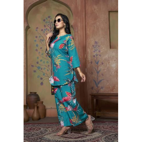 Greciilooks Women's Rayon Printed Regular Fit Co Ord Sets (Gl-W1705&Tr798_Turquoise_S)