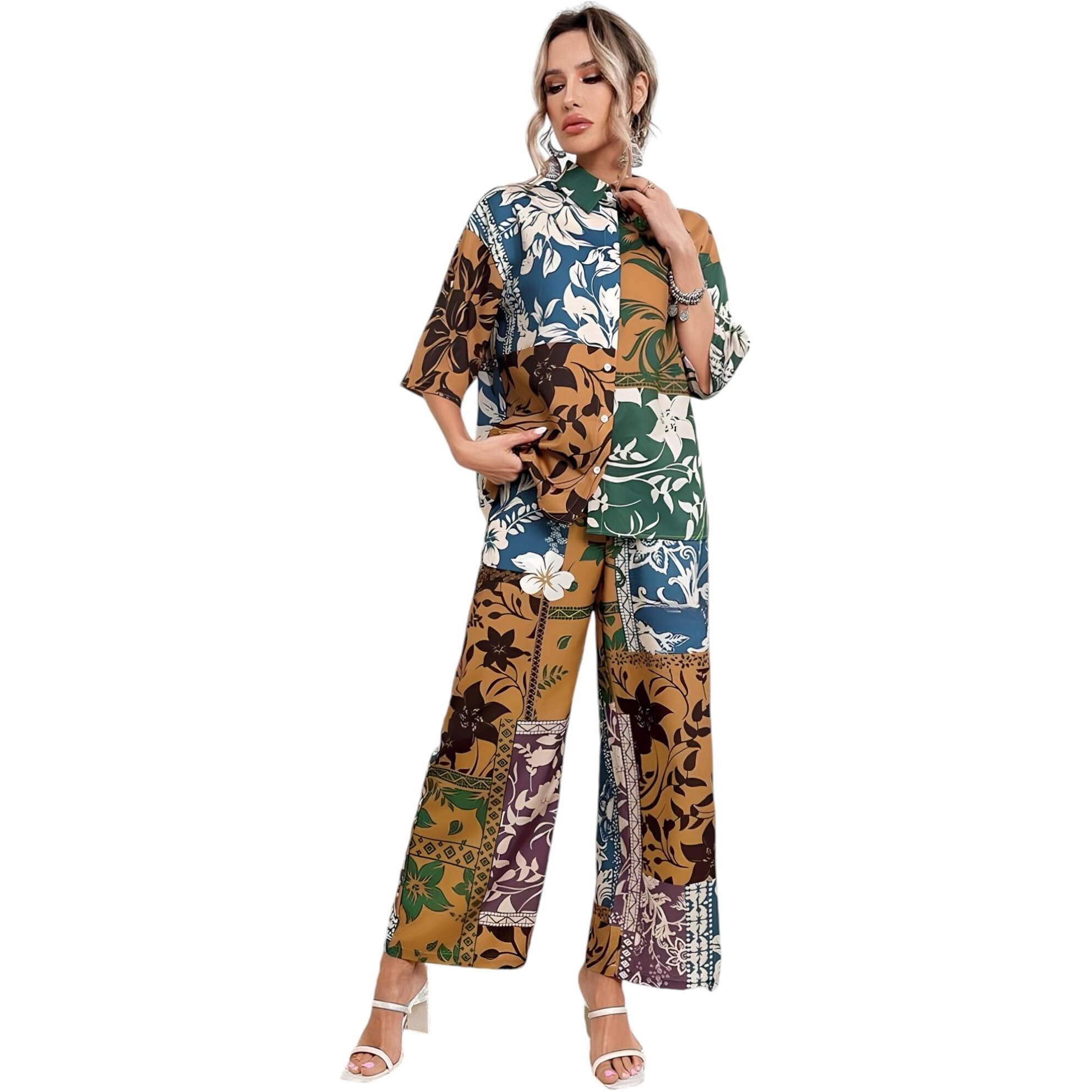 Gufrina Women's Floral Patchwork Print Co-Ords Set - Short Sleeve Open Collar Shirt And Wide-Leg Pants (Beige M)